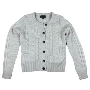 Fenn Wright Manson Cable Knit Cardigan Women's M‎ Ivory Wool Blend Elbow Patches